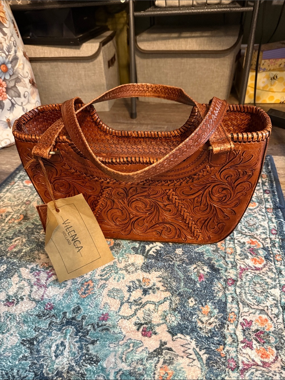 Vilenca Handcrafted Brown Tooled Leather Tote Bag by